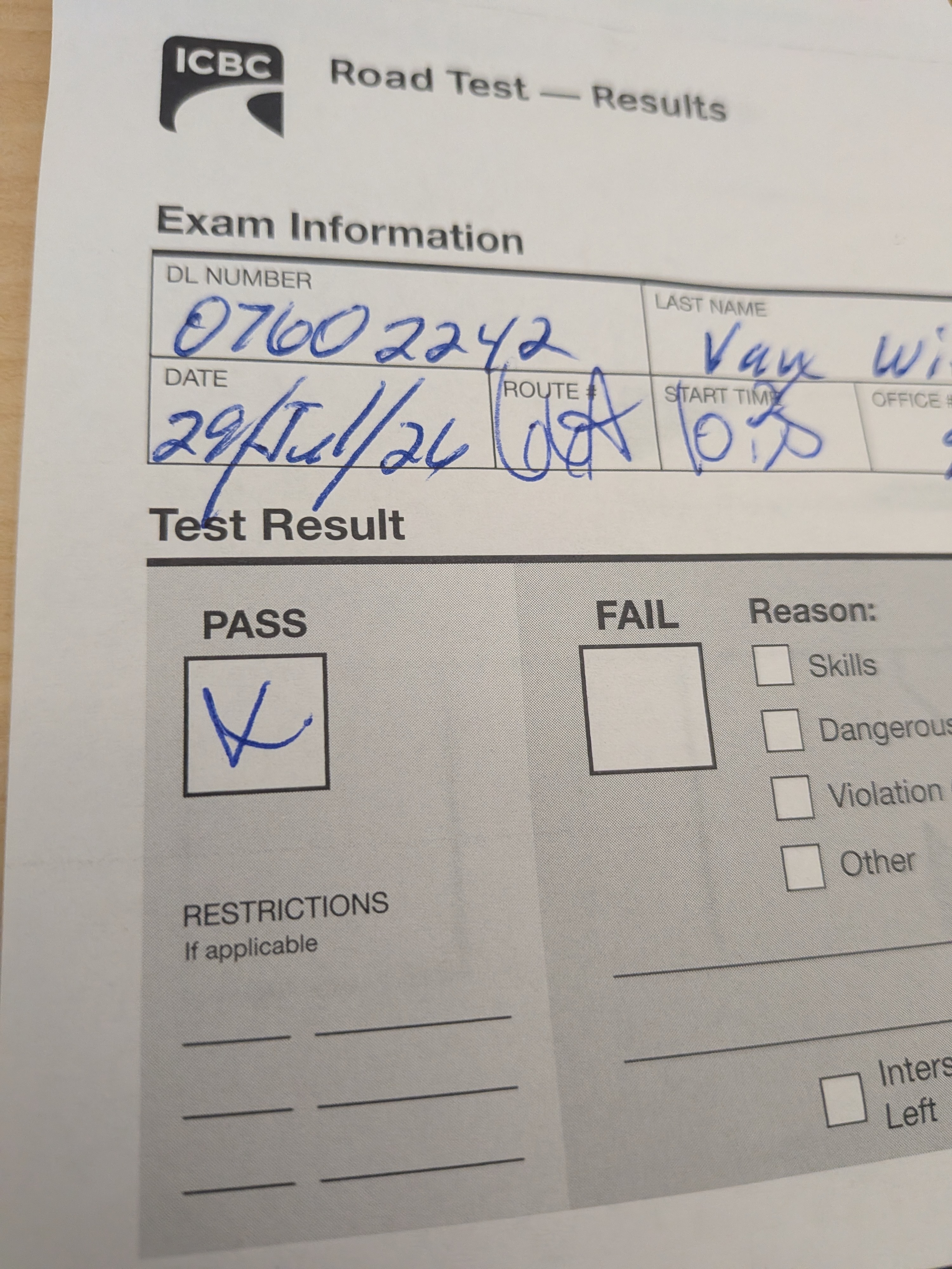 ICBC road test results sheet showing a pass.